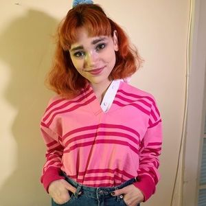 Pink + magenta long-sleeved polo with collar